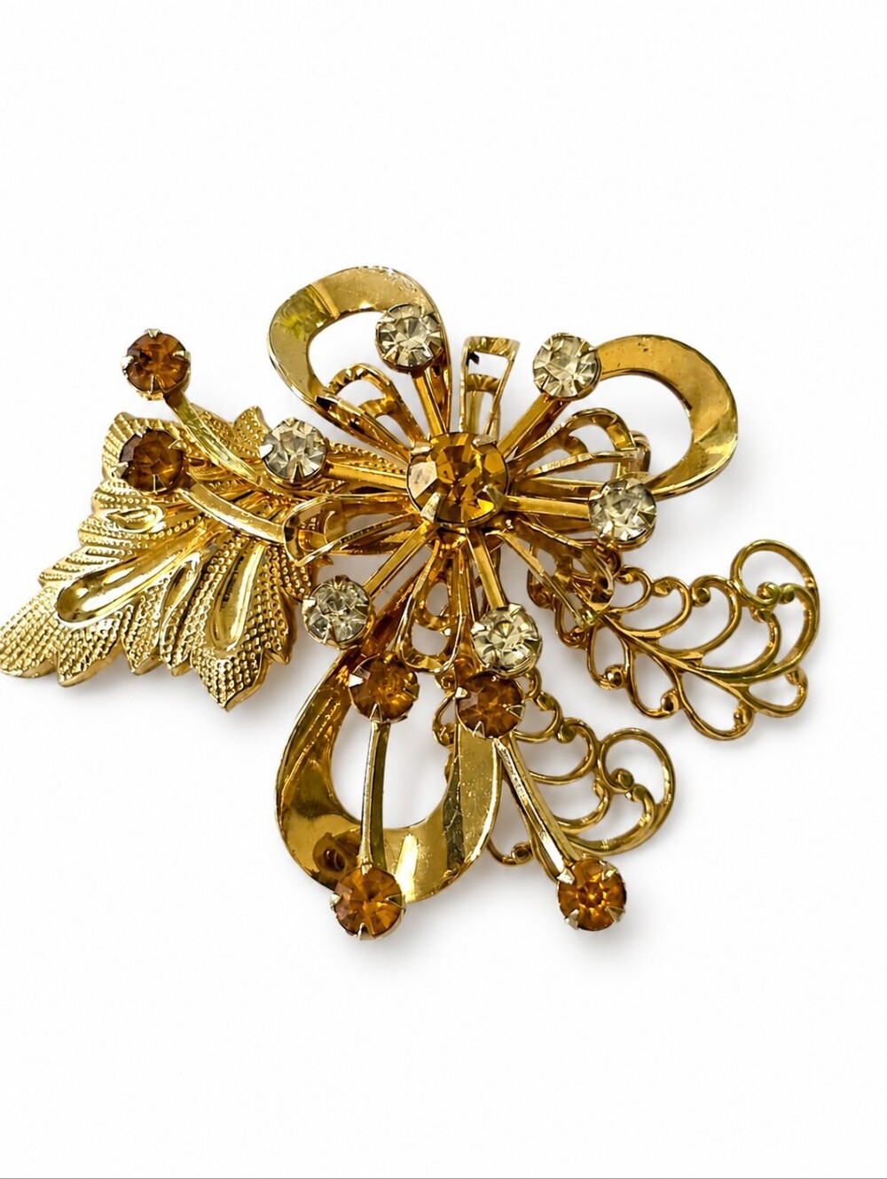 Vintage Gold Tone Amber & Clear Rhinestone Floral Brooch Pin Filigree Statement
